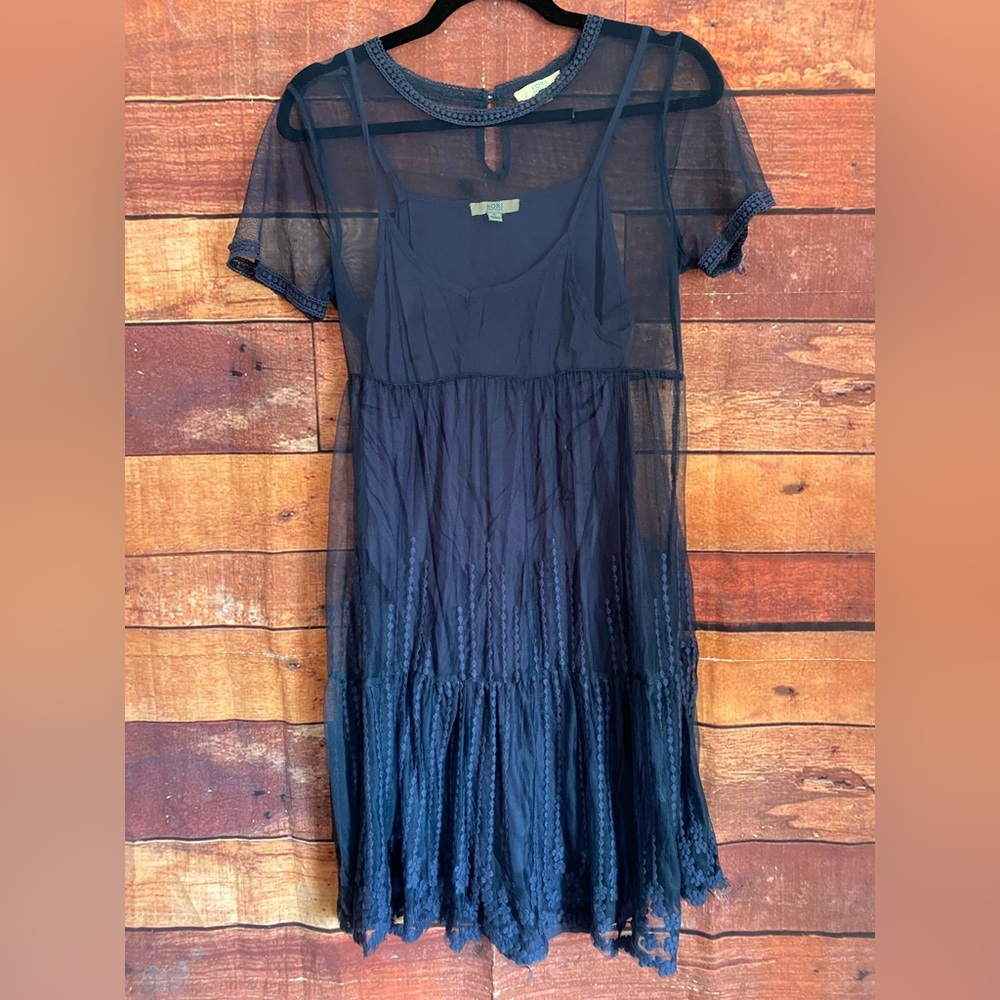 Kori America Navy Blue Knee Length Short Sleeve Lace Mesh Overlay  Dress Small